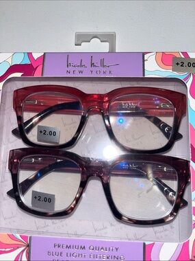 Bluelight Reading Glasses womens +2.00  pink purple  print Nicole Miller